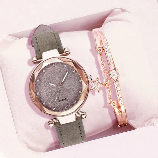 Leather Wrist Watch and Rhinestone Bracelet