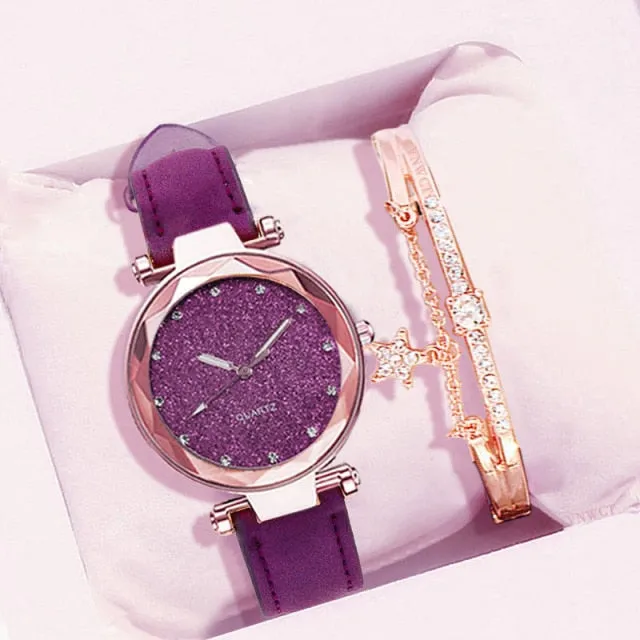 Leather Wrist Watch and Rhinestone Bracelet