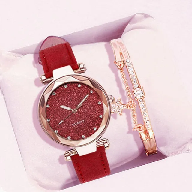 Leather Wrist Watch and Rhinestone Bracelet