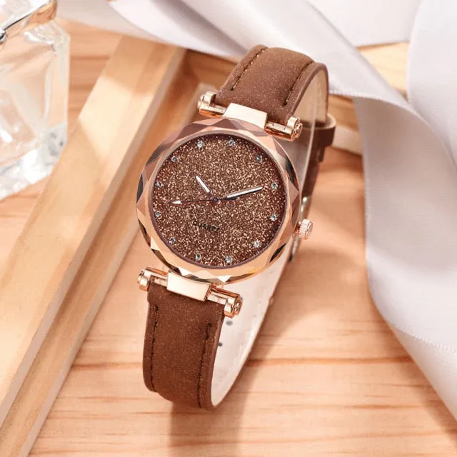 Leather Wrist Watch and Rhinestone Bracelet