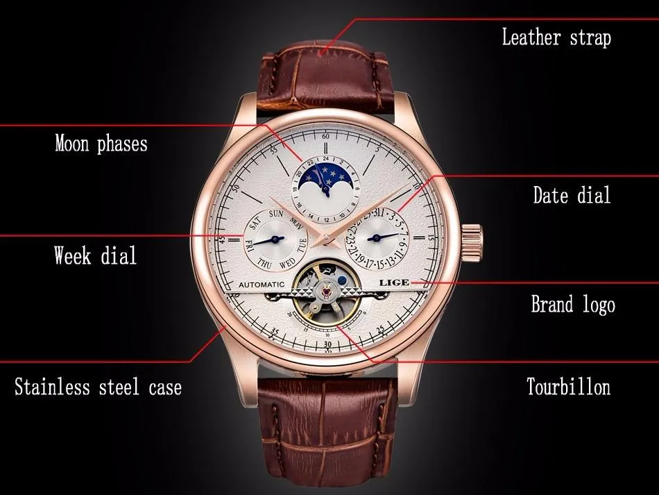 LG6826 - Automatic Mechanical Tourbillon Genuine Leather Waterproof Business Wristwatch