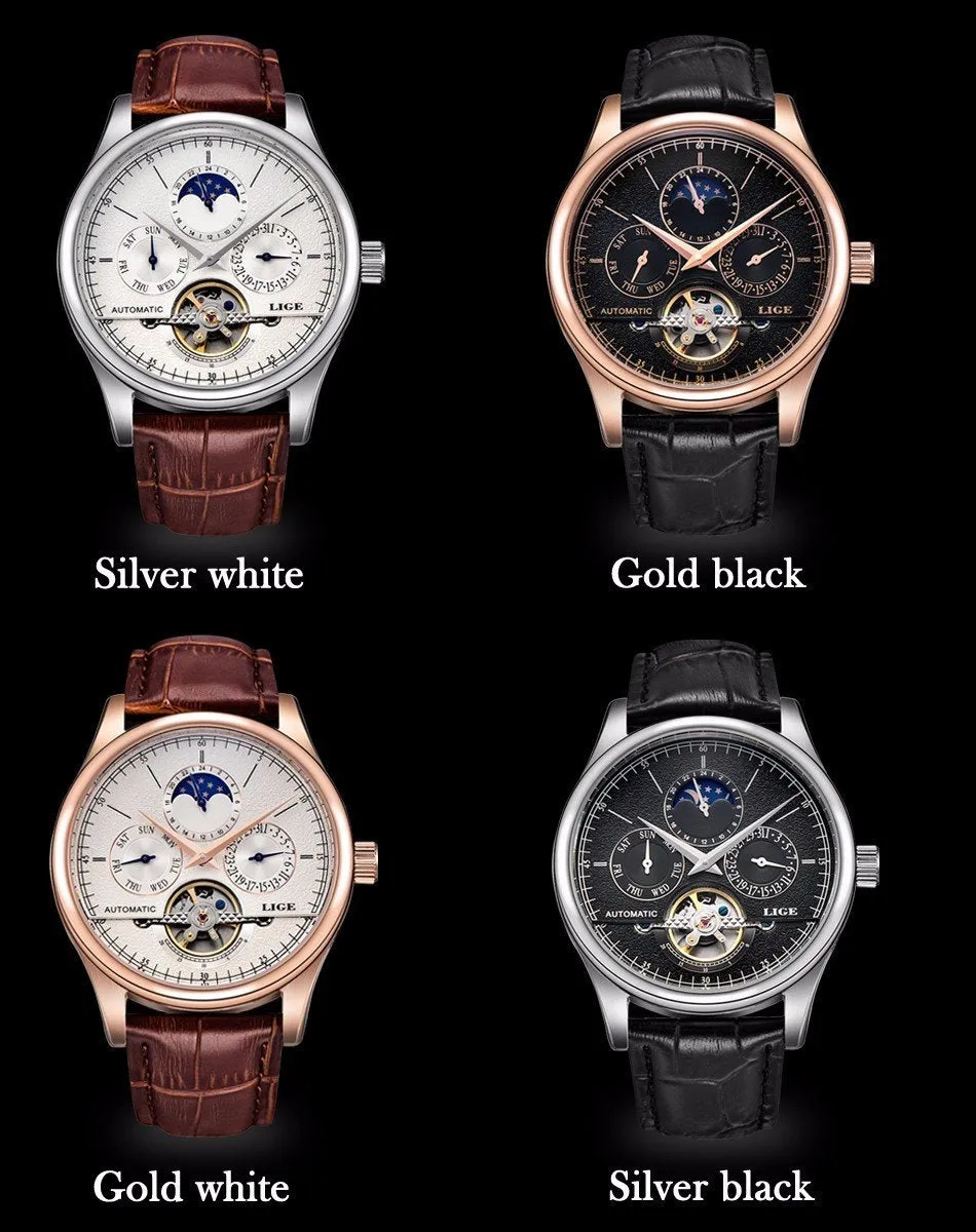 LG6826 - Automatic Mechanical Tourbillon Genuine Leather Waterproof Business Wristwatch