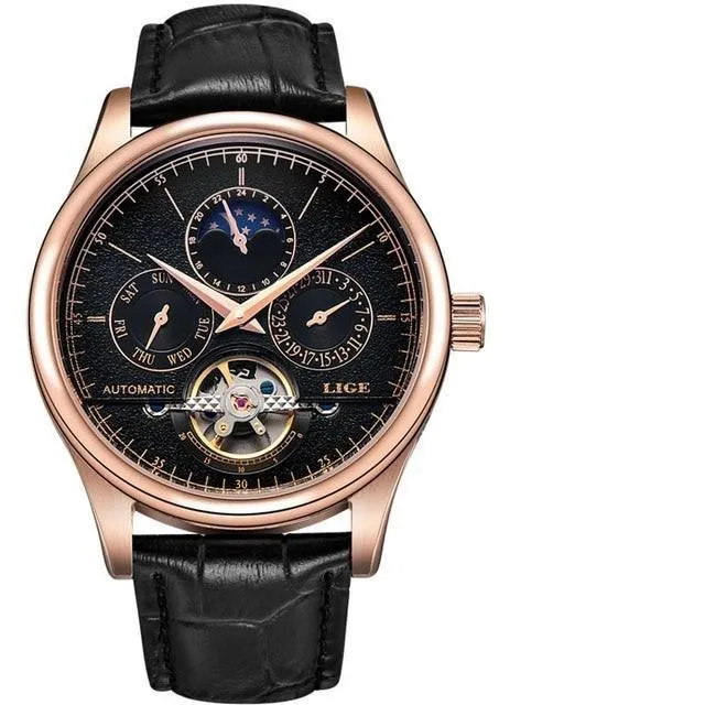 LG6826 - Automatic Mechanical Tourbillon Genuine Leather Waterproof Business Wristwatch