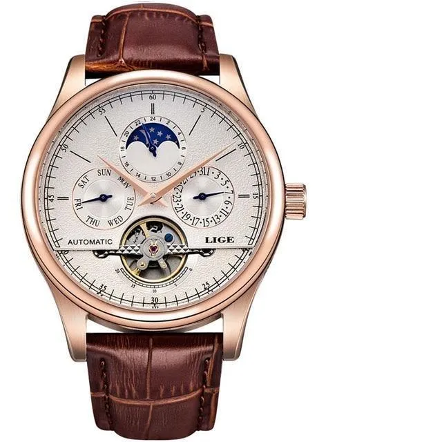 LG6826 - Automatic Mechanical Tourbillon Genuine Leather Waterproof Business Wristwatch