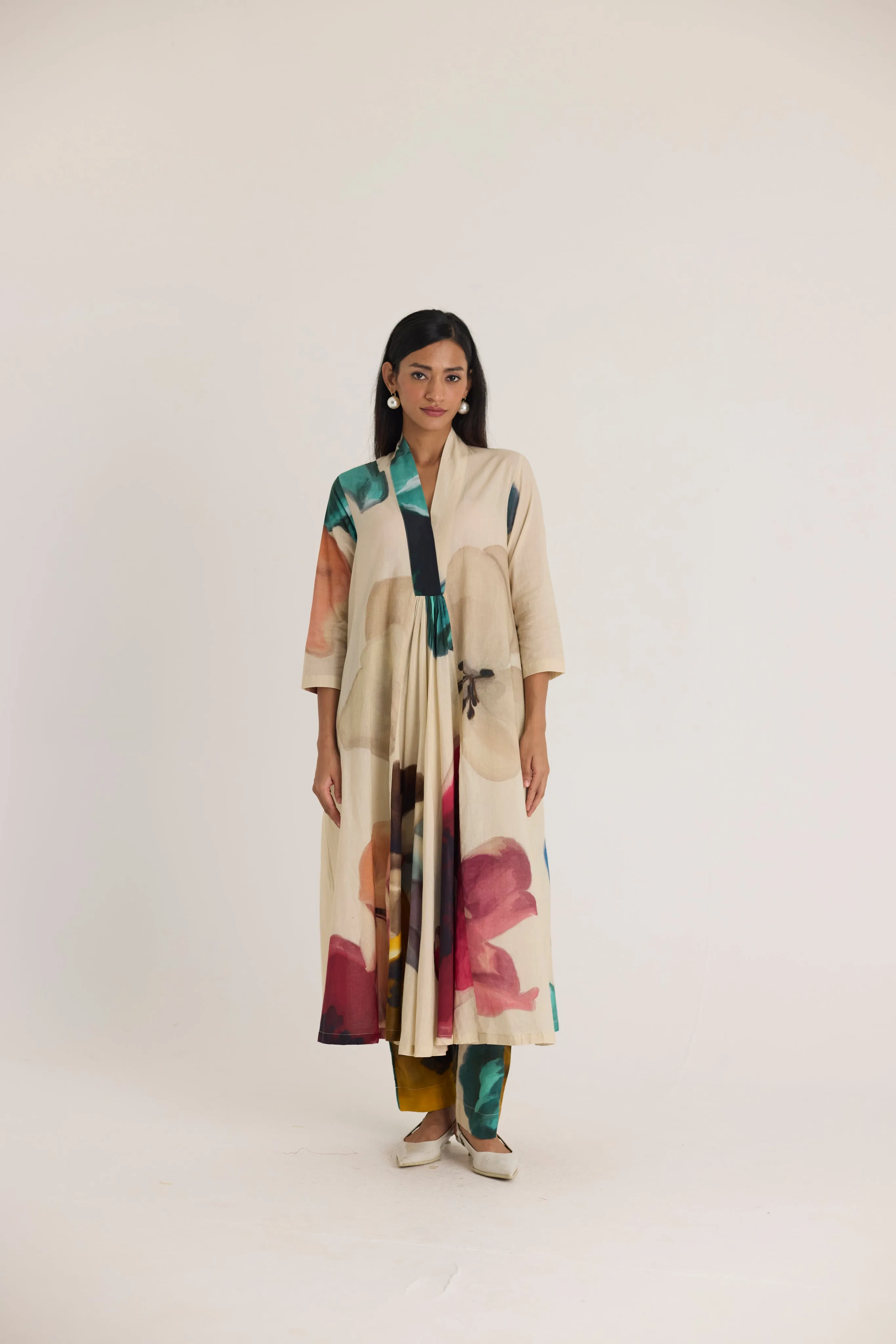Lila V neck long Kurta Set