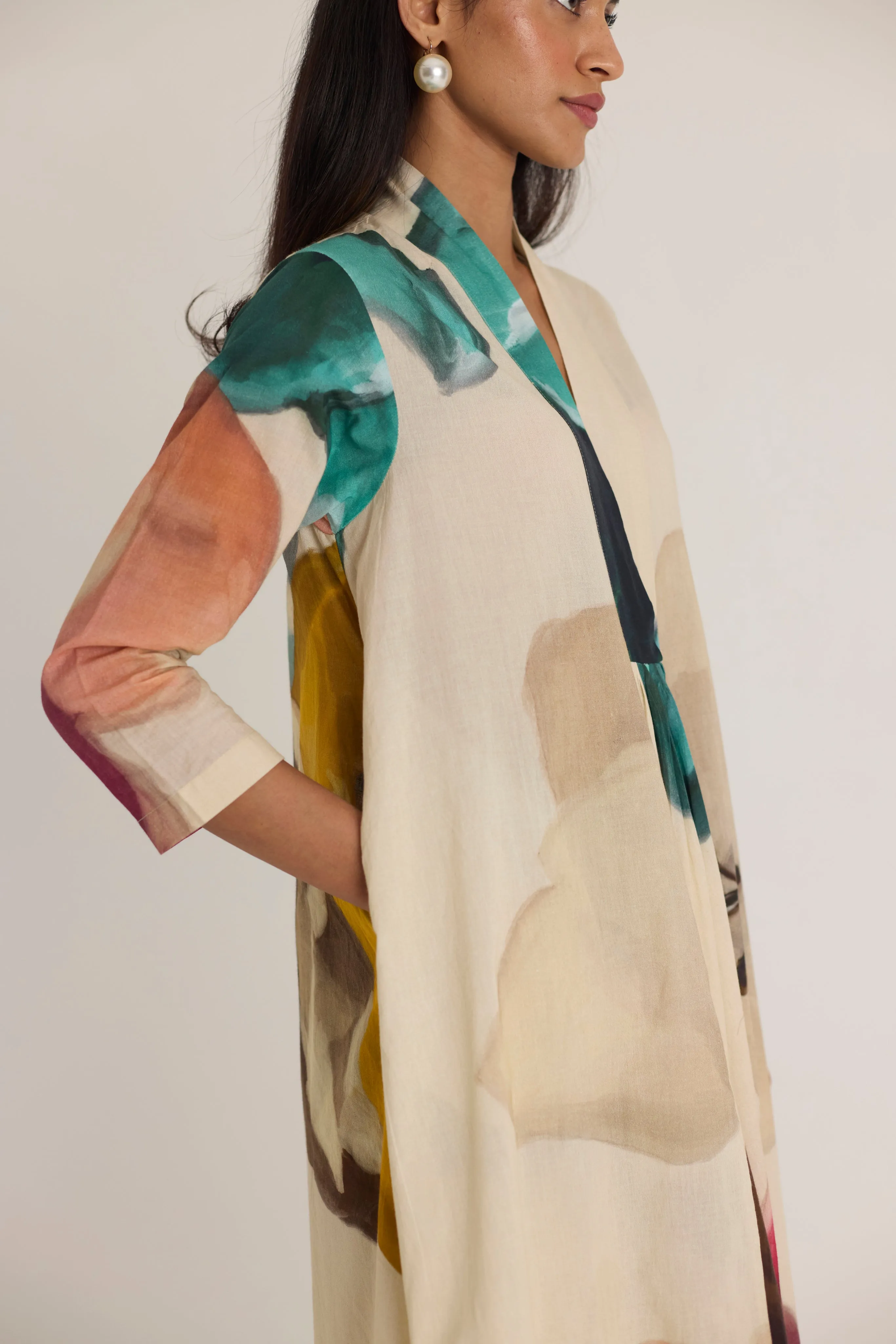 Lila V neck long Kurta Set