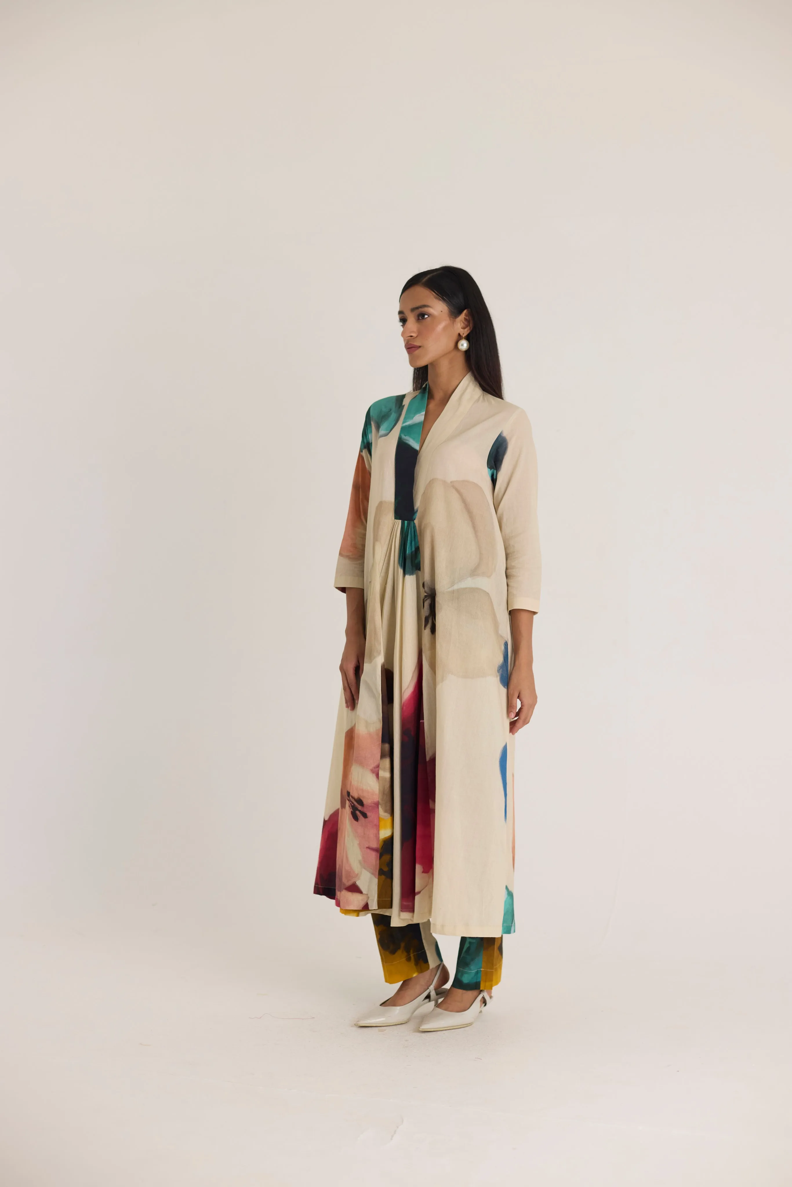 Lila V neck long Kurta Set