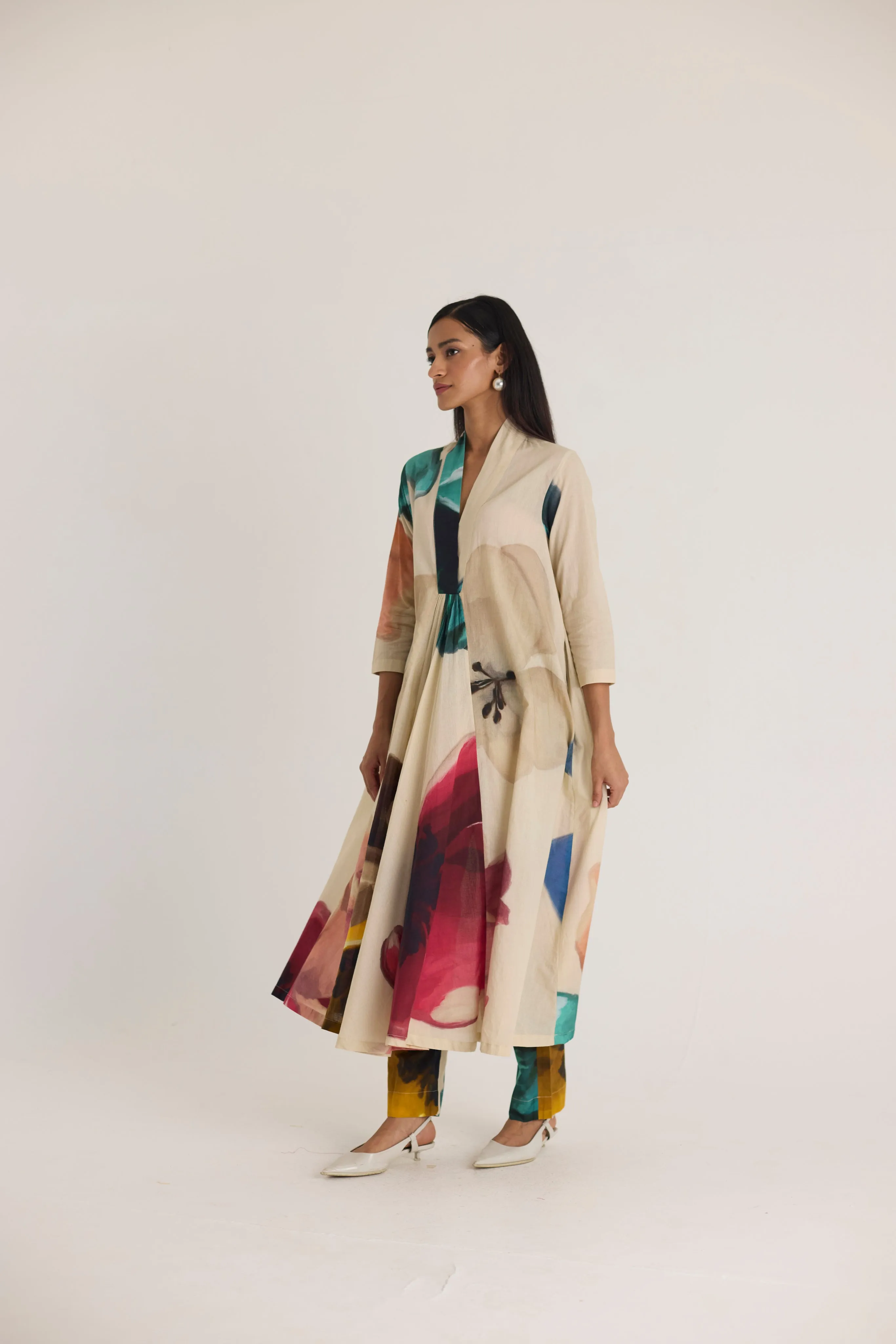 Lila V neck long Kurta Set