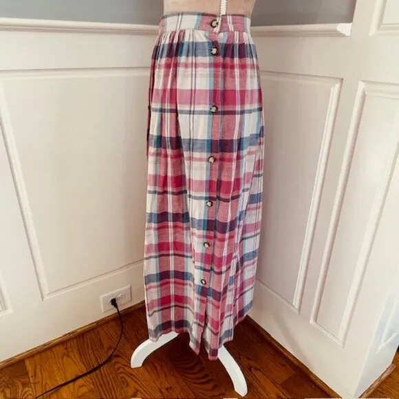 L.L. Bean 80's Vintage Madras Plaid Cotton Midi Skirt Made in USA