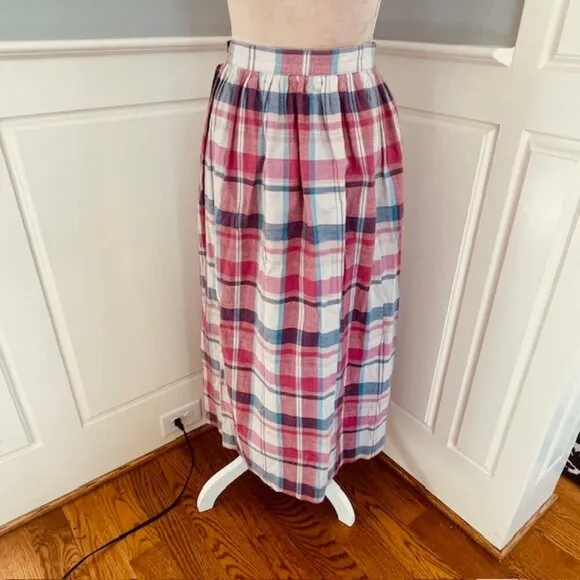 L.L. Bean 80's Vintage Madras Plaid Cotton Midi Skirt Made in USA