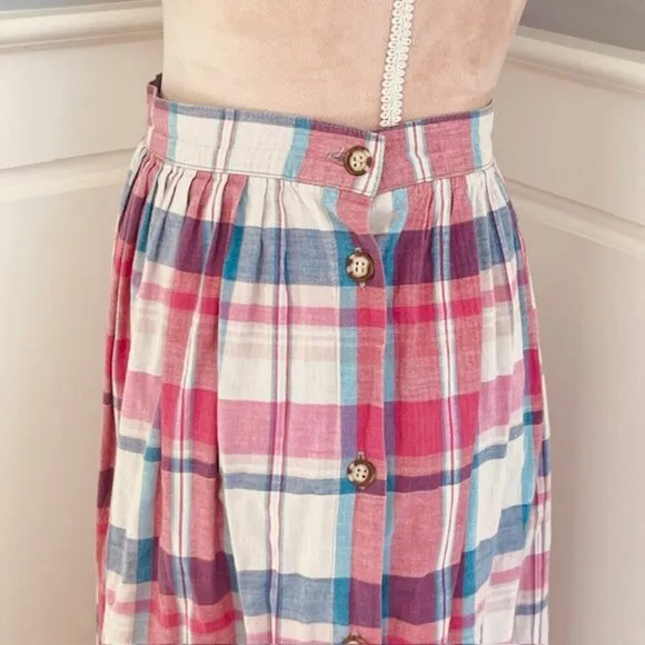 L.L. Bean 80's Vintage Madras Plaid Cotton Midi Skirt Made in USA