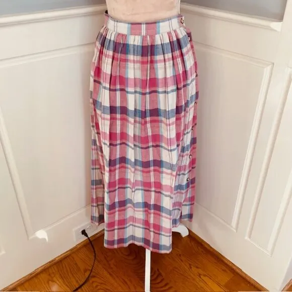 L.L. Bean 80's Vintage Madras Plaid Cotton Midi Skirt Made in USA
