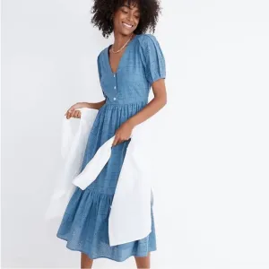 Madewell Quilted Eyelet Midi Dress in Indigo Blue Size 16