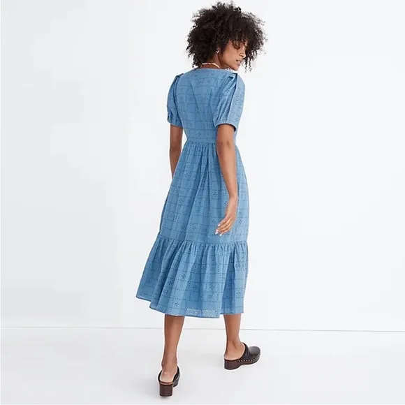 Madewell Quilted Eyelet Midi Dress in Indigo Blue Size 16