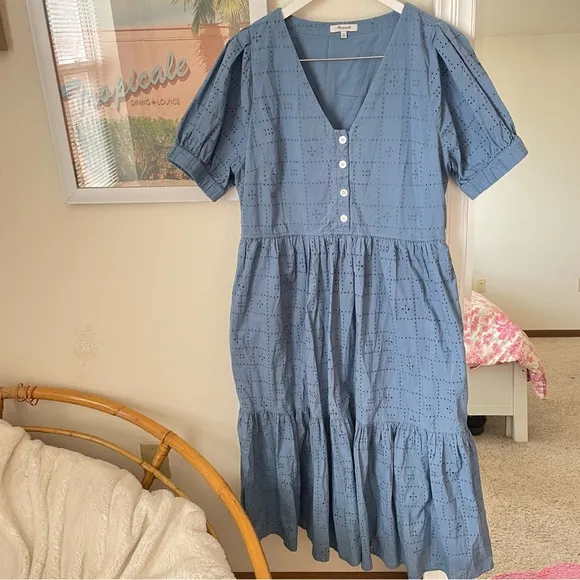 Madewell Quilted Eyelet Midi Dress in Indigo Blue Size 16