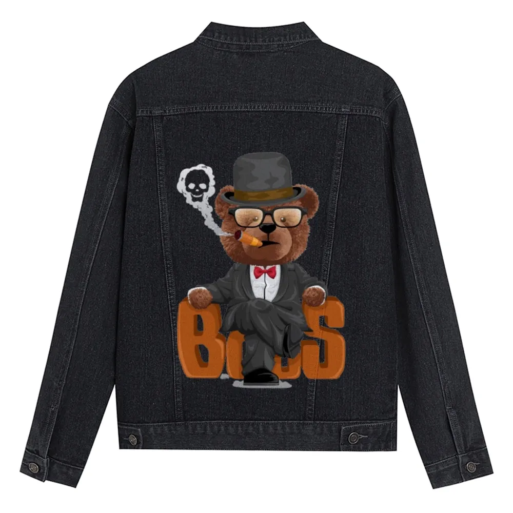 Mens Vintage Cartoon Cute Bear Prints Denim Jacket