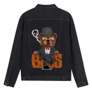 Mens Vintage Cartoon Cute Bear Prints Denim Jacket