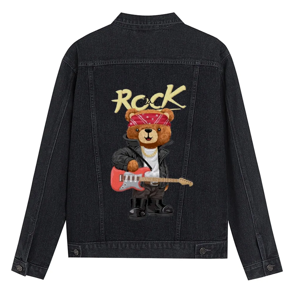 Mens Vintage Cartoon Cute Rock Bear Prints Denim Jacket