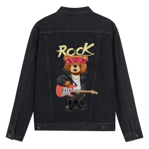 Mens Vintage Cartoon Cute Rock Bear Prints Denim Jacket
