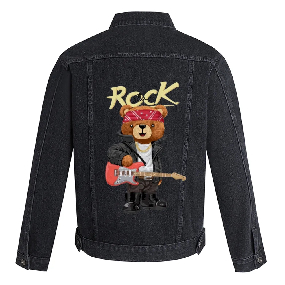 Mens Vintage Cartoon Cute Rock Bear Prints Denim Jacket