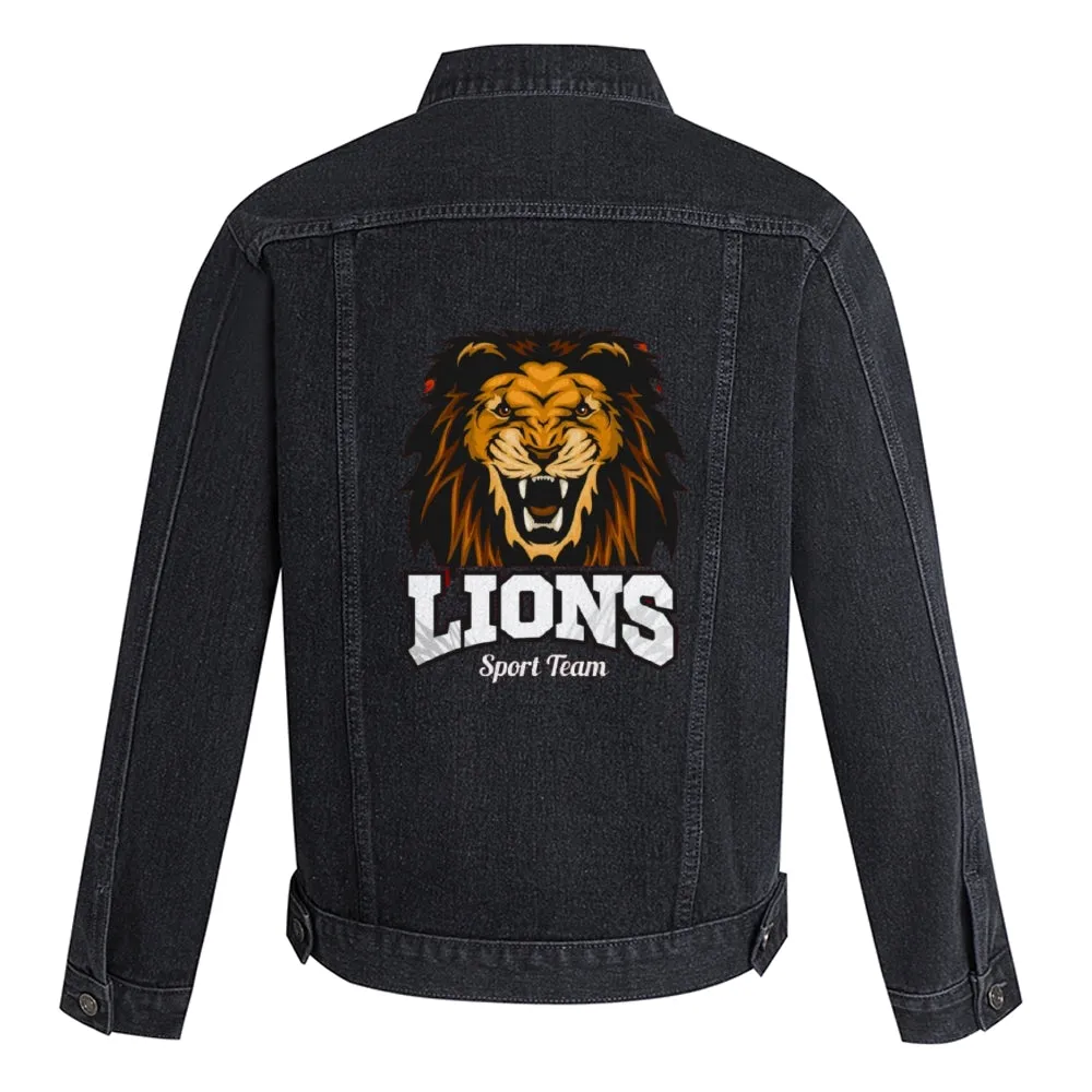Mens Vintage Cartoon Prints LIONS Sport Team Denim Jacket