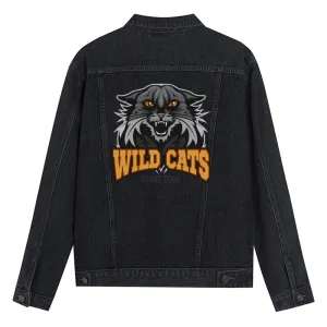 Mens Vintage Cartoon Prints WILD CATS Denim Jacket