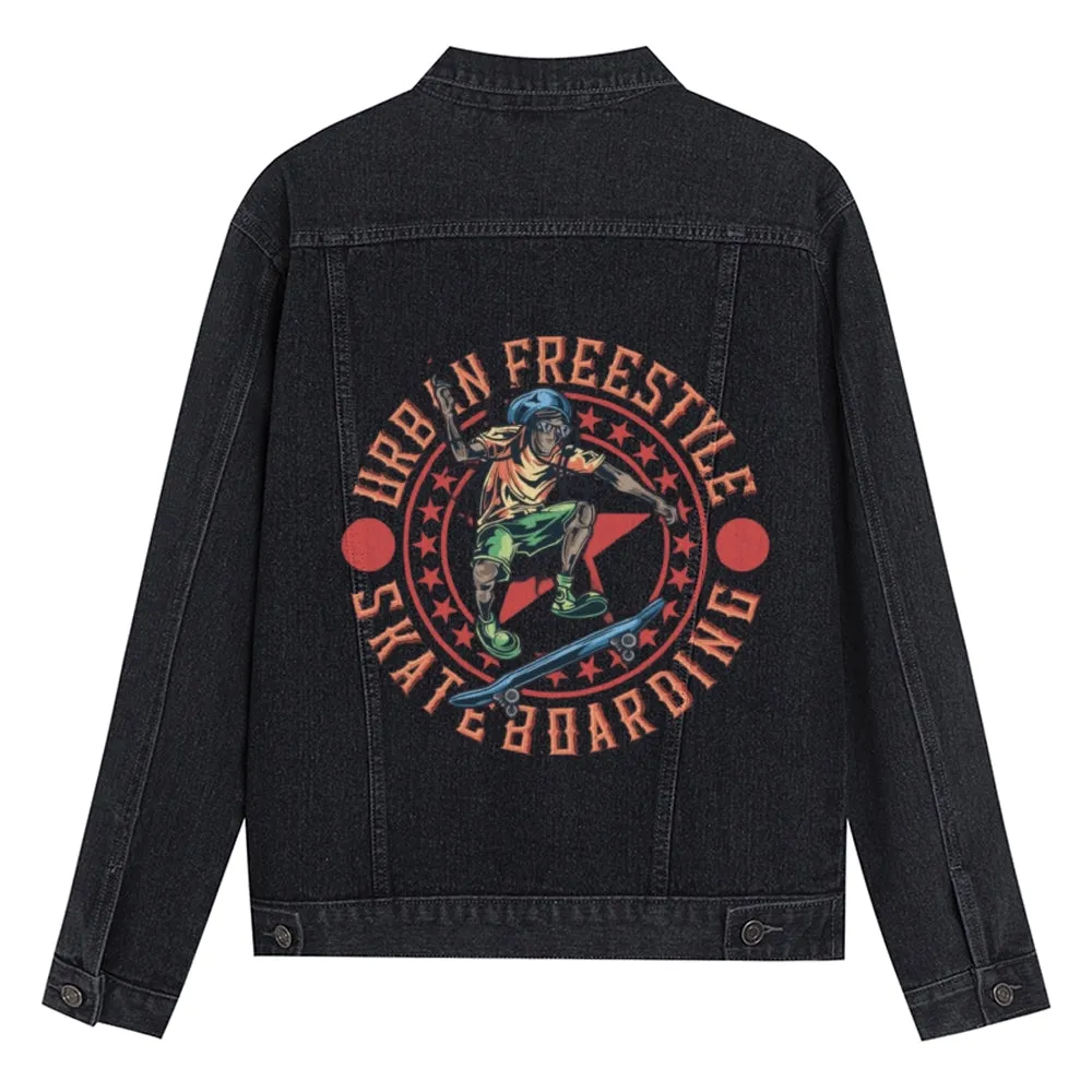 Mens Vintage Skate Cartoon Prints Urbin Freestyle Skateboarding Denim Jacket