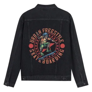 Mens Vintage Skate Cartoon Prints Urbin Freestyle Skateboarding Denim Jacket