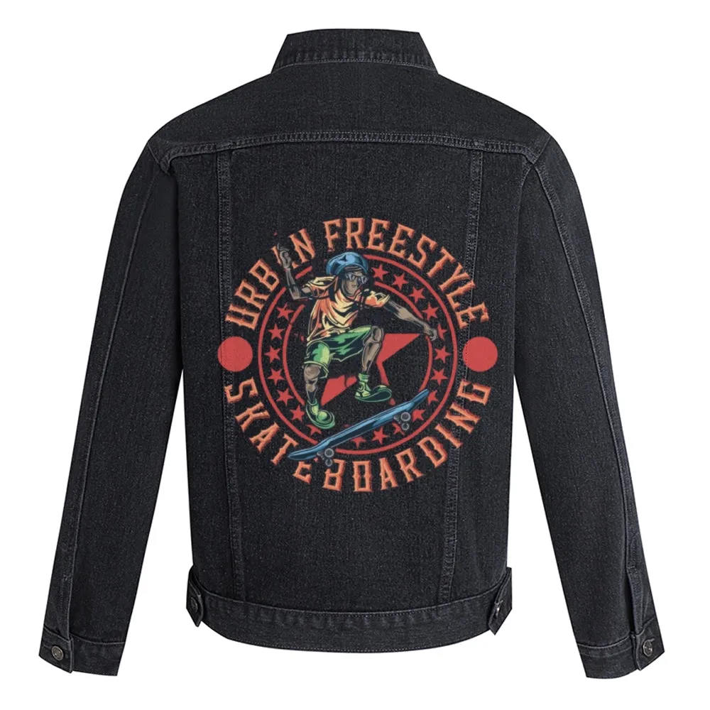 Mens Vintage Skate Cartoon Prints Urbin Freestyle Skateboarding Denim Jacket