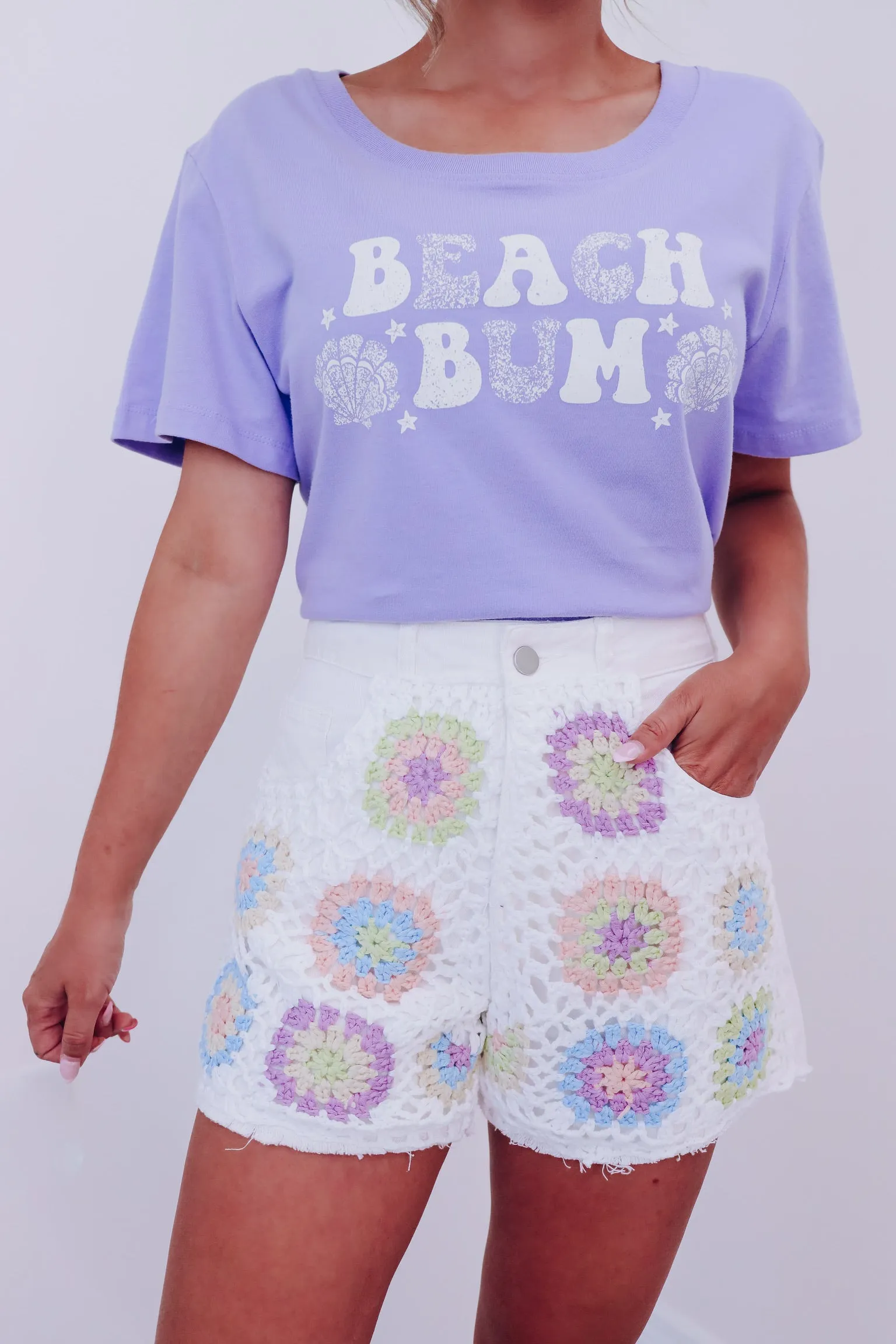 Mod Crochet Front Denim Shorts  - White Multi