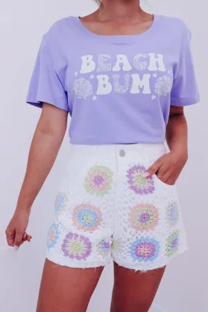 Mod Crochet Front Denim Shorts  - White Multi