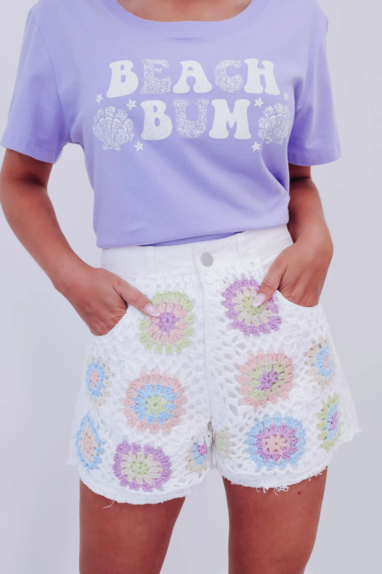 Mod Crochet Front Denim Shorts  - White Multi
