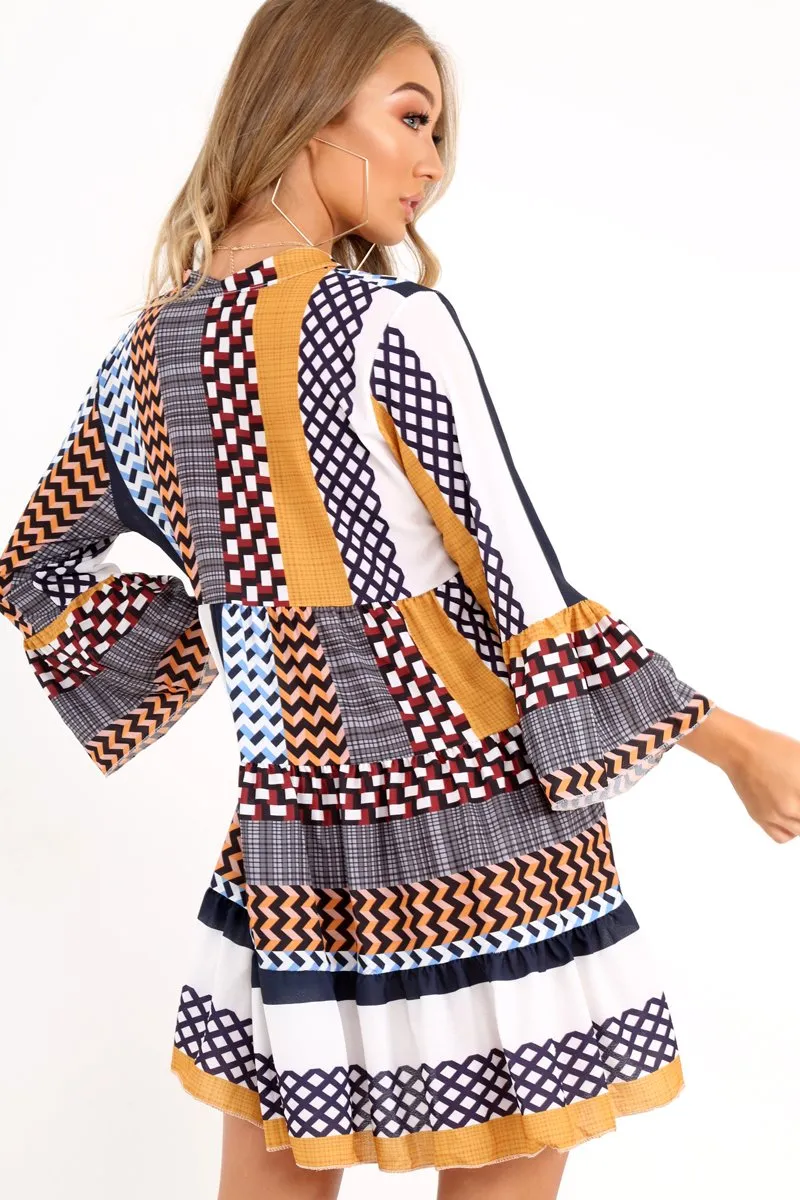 Mustard And Blue Plunge Aztec Flute Sleeve Shift Dress - Olesya
