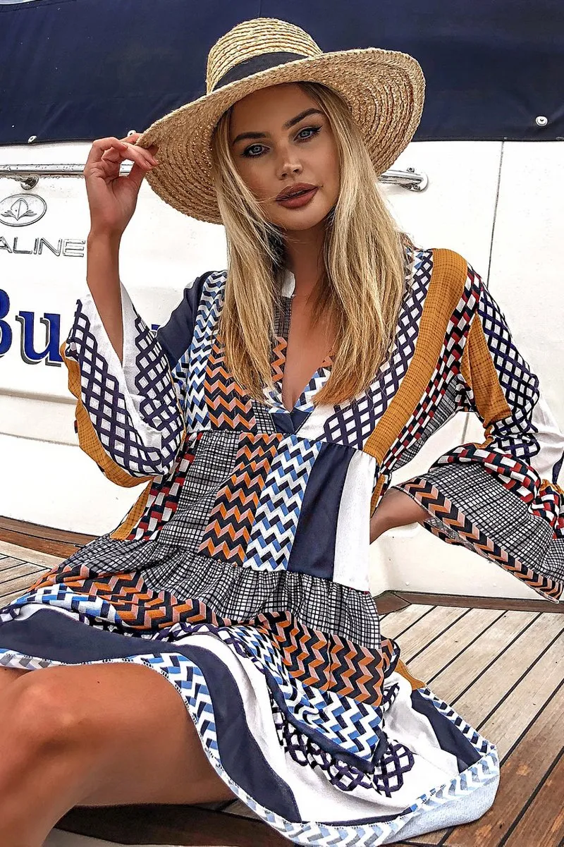 Mustard And Blue Plunge Aztec Flute Sleeve Shift Dress - Olesya