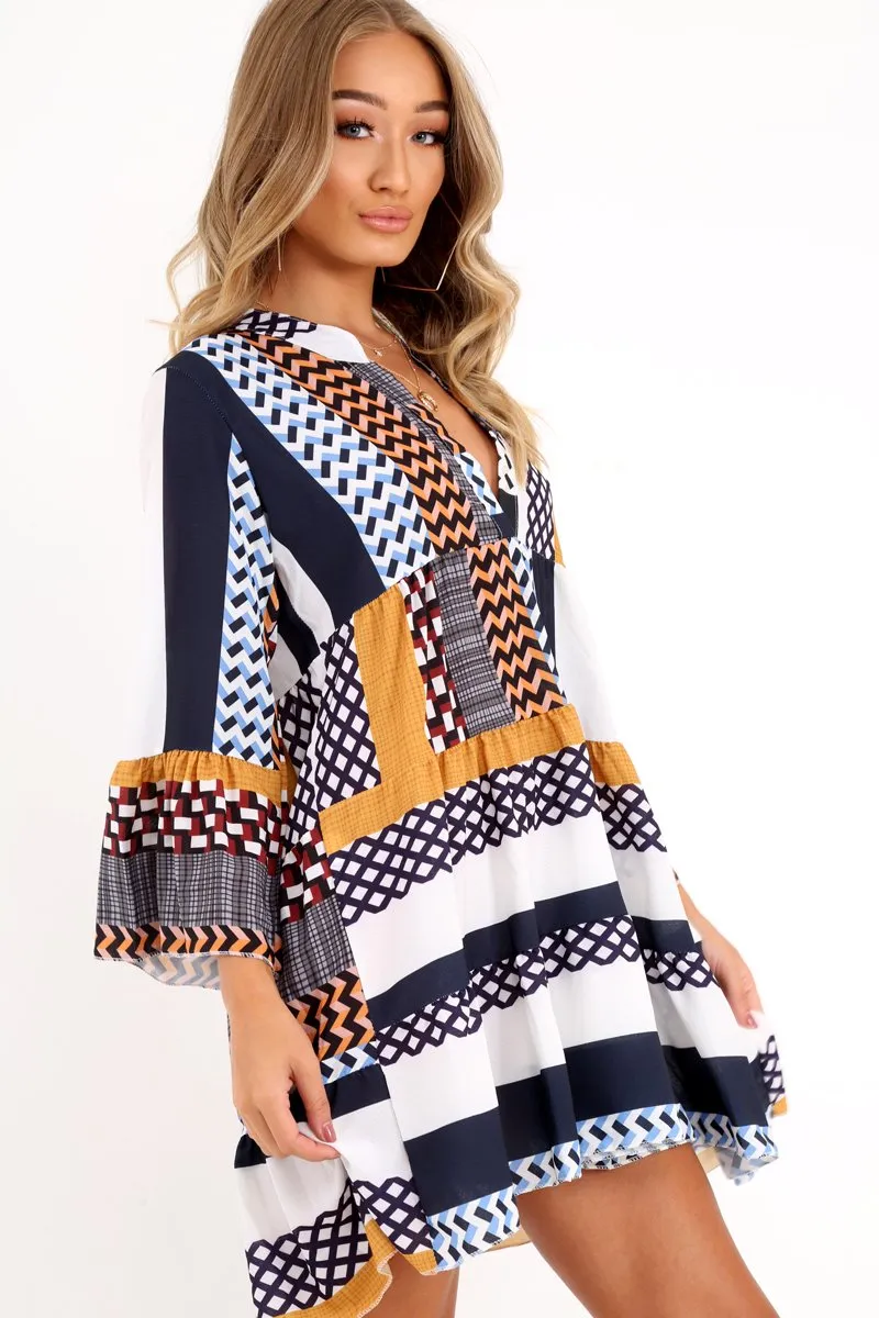 Mustard And Blue Plunge Aztec Flute Sleeve Shift Dress - Olesya