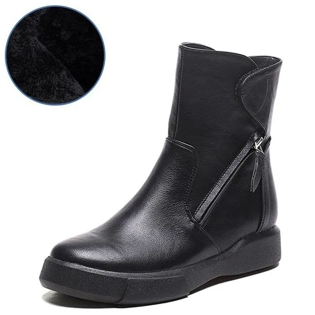 New Design Round Toe Women Ankle Boots  Vintage PU Leather Short Plush Winter Warm Snow Boots Flats Martin Shoes