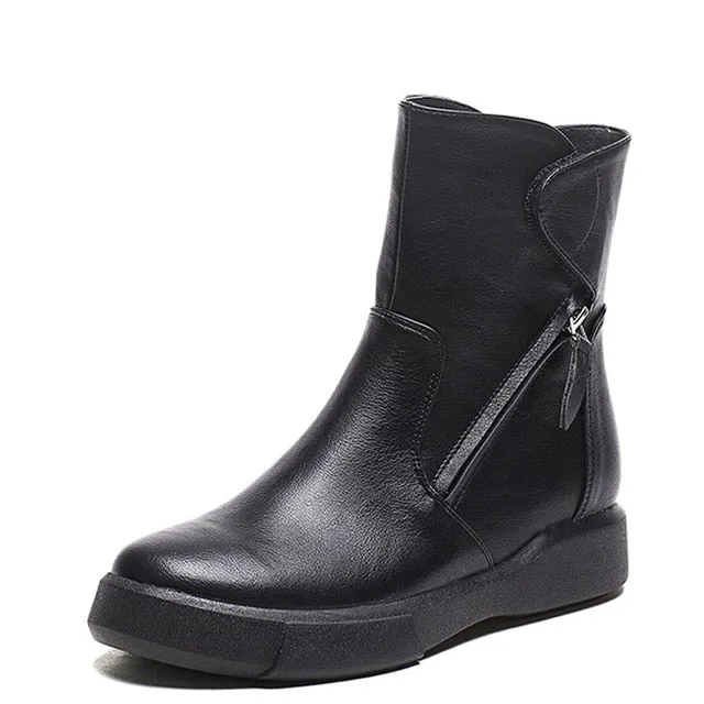 New Design Round Toe Women Ankle Boots  Vintage PU Leather Short Plush Winter Warm Snow Boots Flats Martin Shoes