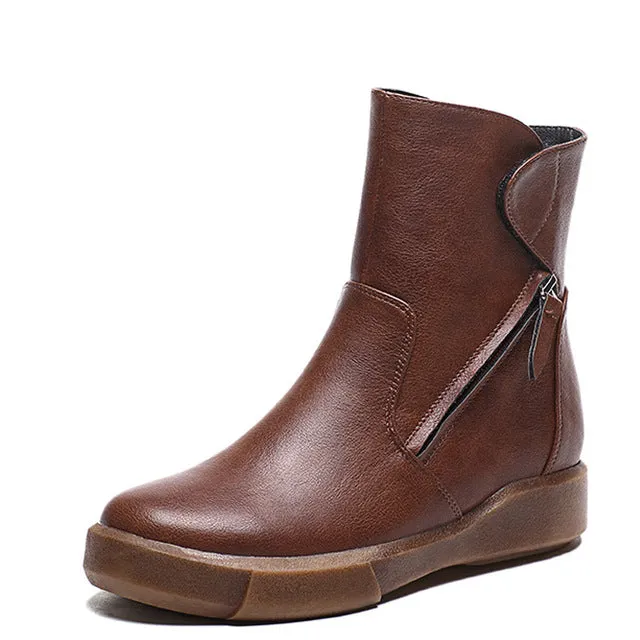 New Design Round Toe Women Ankle Boots  Vintage PU Leather Short Plush Winter Warm Snow Boots Flats Martin Shoes