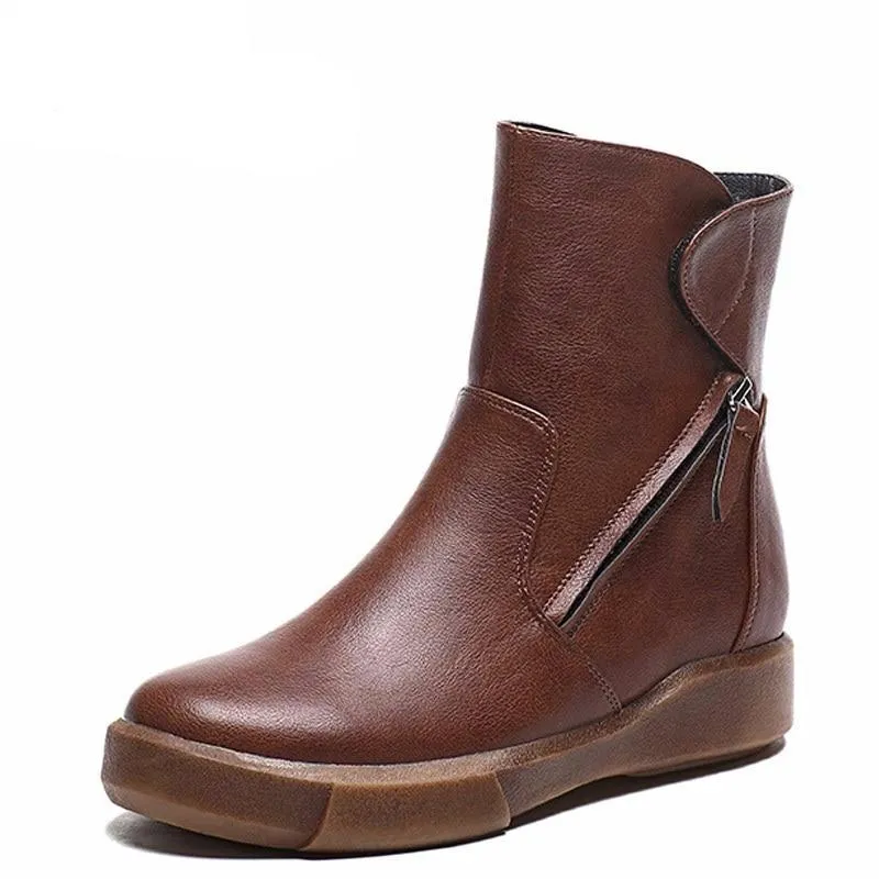 New Design Round Toe Women Ankle Boots  Vintage PU Leather Short Plush Winter Warm Snow Boots Flats Martin Shoes