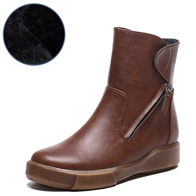 New Design Round Toe Women Ankle Boots  Vintage PU Leather Short Plush Winter Warm Snow Boots Flats Martin Shoes