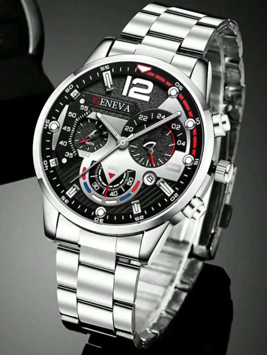 NEW Fashion Men's Business Calendar Watch, Stainless Steel Quartz Watch Silver Black E