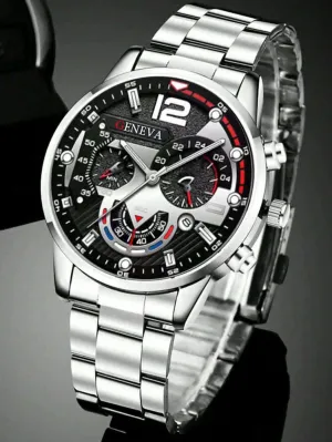 NEW Fashion Men's Business Calendar Watch, Stainless Steel Quartz Watch Silver Black E