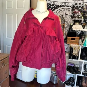 One Resource vintage silk windbreaker sz Large maroon color drawstring collar