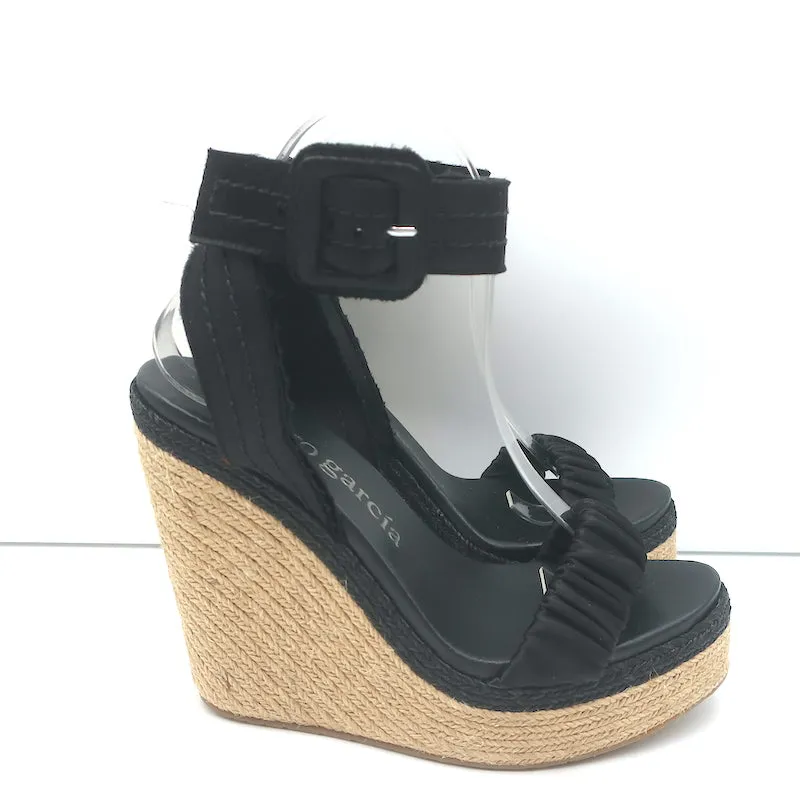 Pedro Garcia Espadrille Wedge Sandals Teodora Black Ruched Satin Size 38.5 NEW