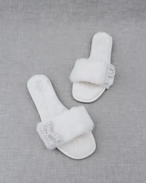 Personalized Faux Fur Slide Flat Wedding Sandals