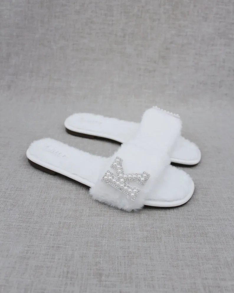 Personalized Faux Fur Slide Flat Wedding Sandals