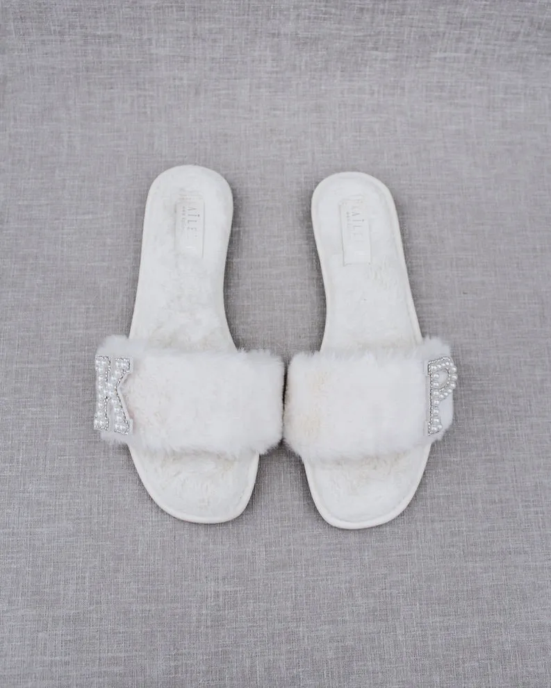 Personalized Faux Fur Slide Flat Wedding Sandals