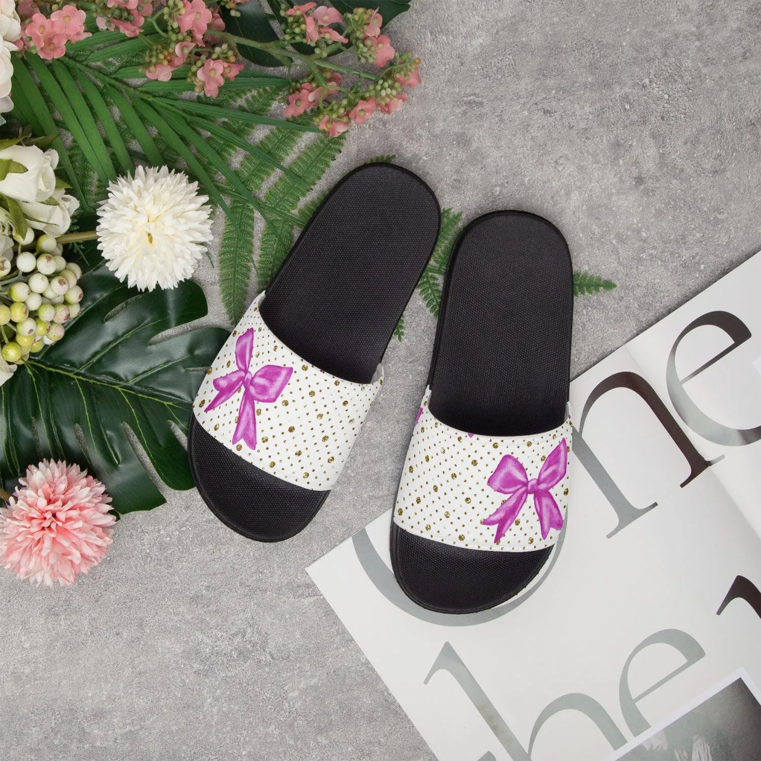 Pink & Gold Bow Home Slippers