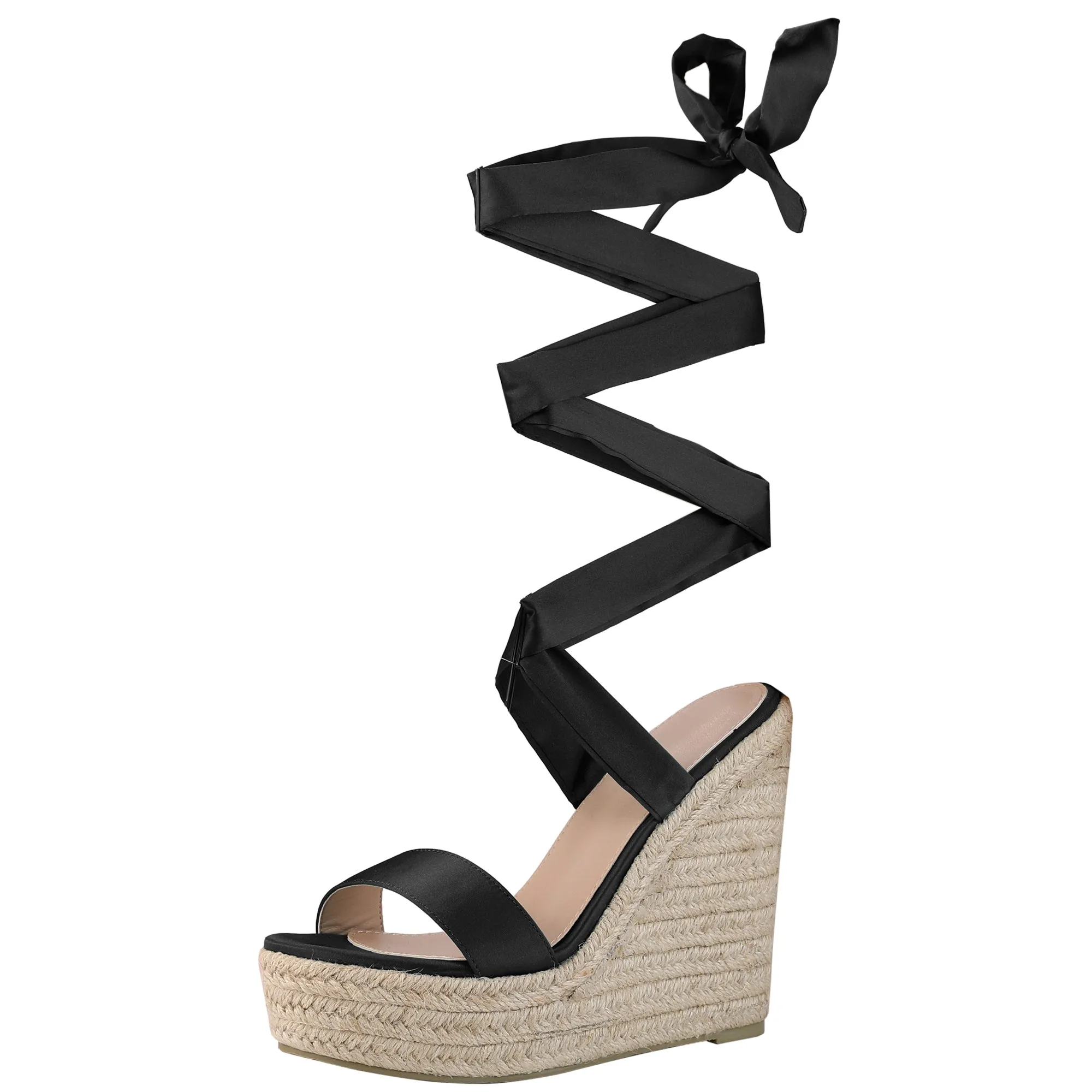 Platform Espadrilles Satin Lace Up Wedge Sandals for Women