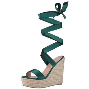 Platform Espadrilles Satin Lace Up Wedge Sandals for Women
